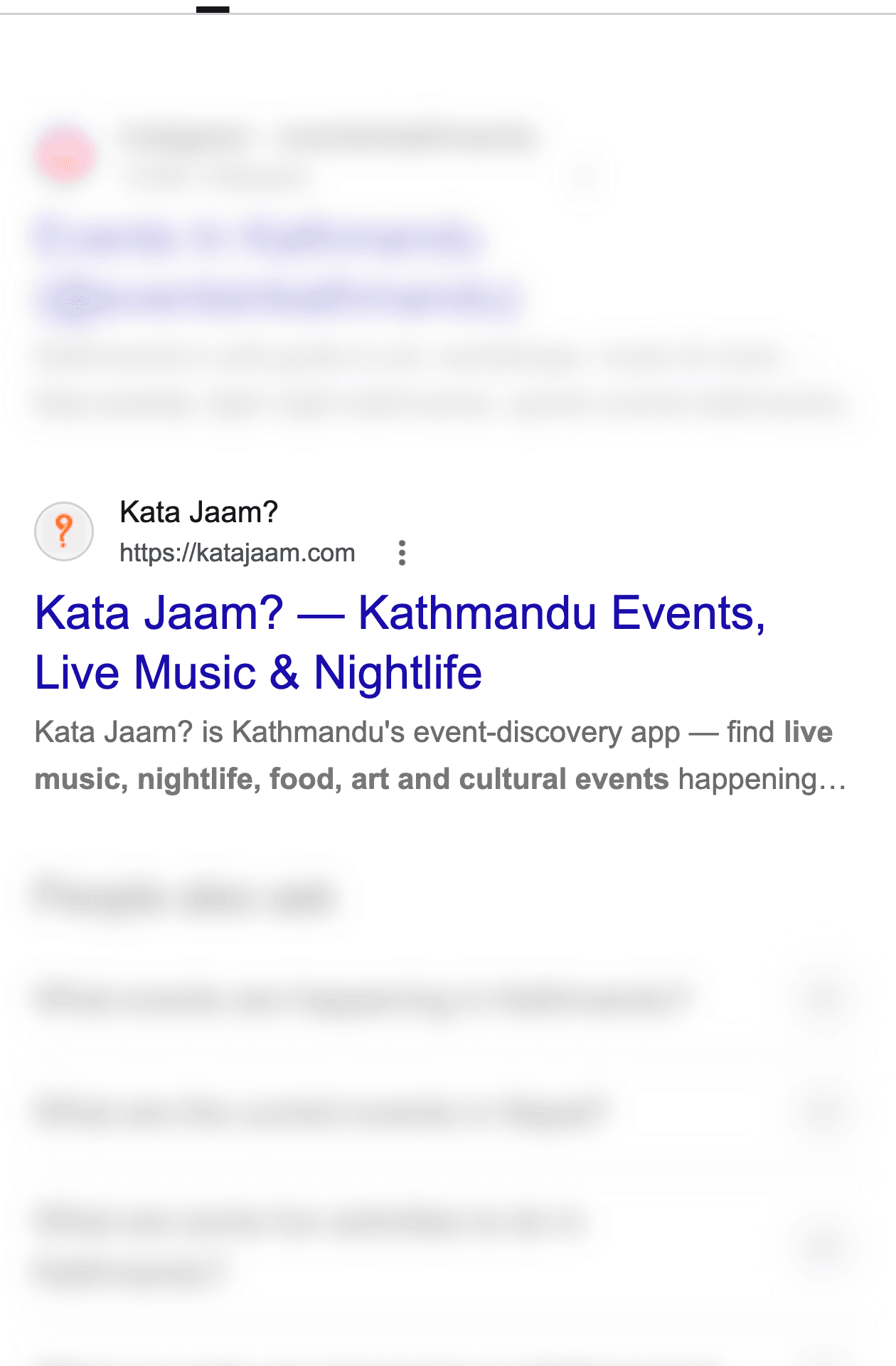 Google results for events in Kathmandu with katajaam.com first